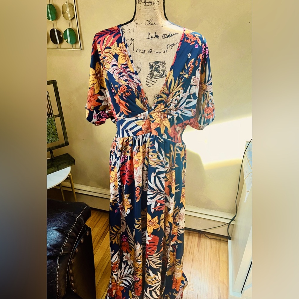 Boho Tropical Print Split Thigh Dress size Large - Picture 2 of 10